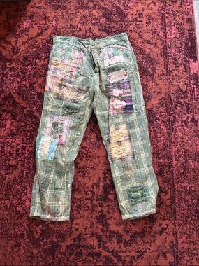 Magnolia Pearl Green Plaid Patchwork Distressed Pants